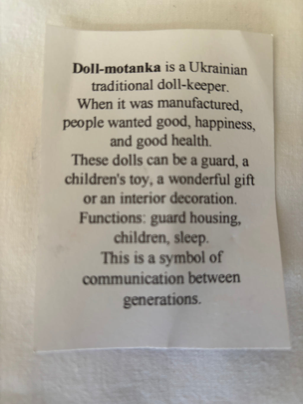 Ukrainian Motanka Decorative Reeled Doll, 10X3.5X2 inches