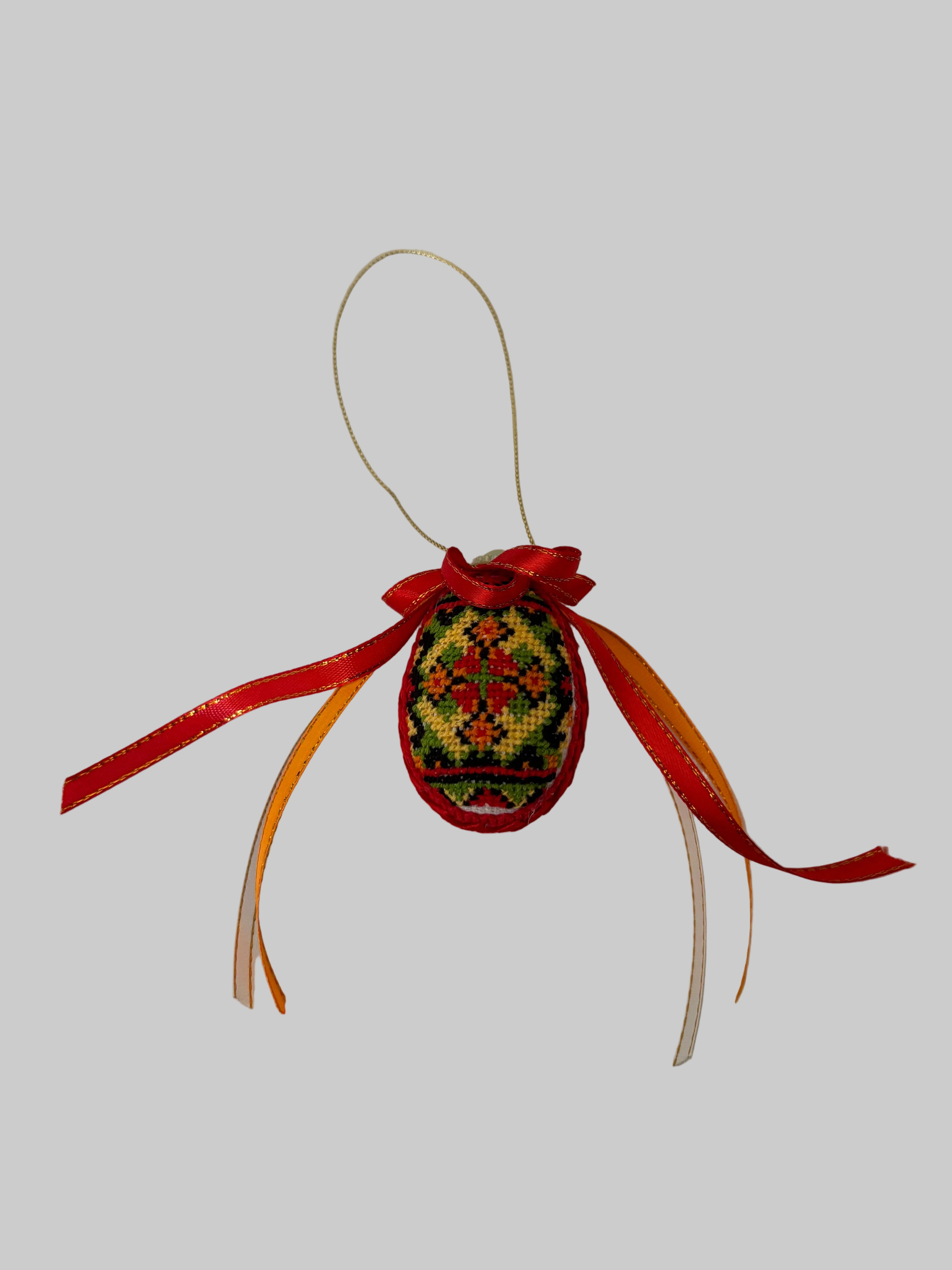 Handmade embroidered Easter egg ornament, Ukrainian cross-stitch Pysanka, Red & White fabric egg, Traditional Easter decoration, 2.5X1.8 inches