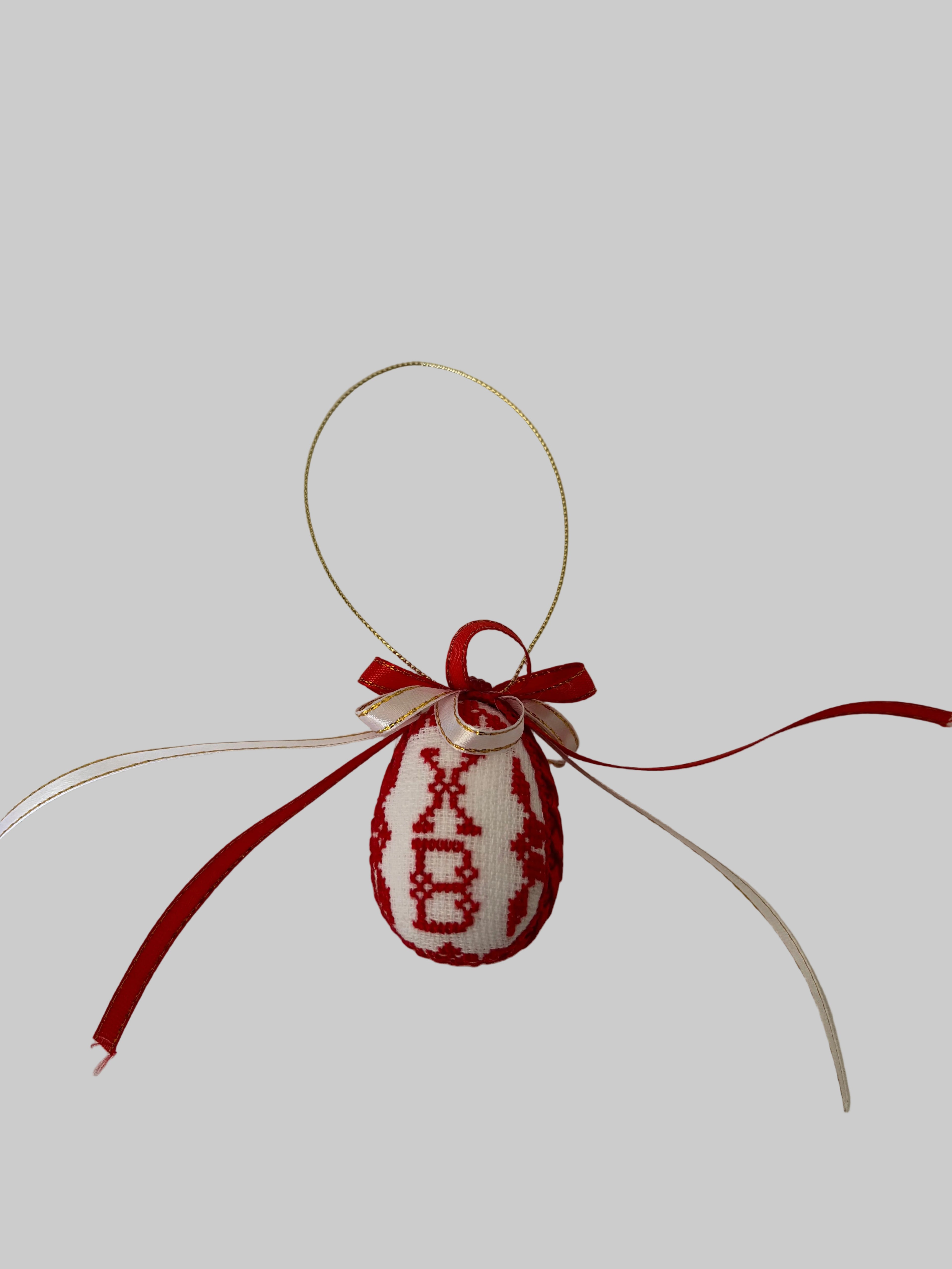 Handmade embroidered Easter egg ornament, Ukrainian cross-stitch Pysanka, Red & White fabric egg, Traditional Easter decoration, 2.5X1.8 inches