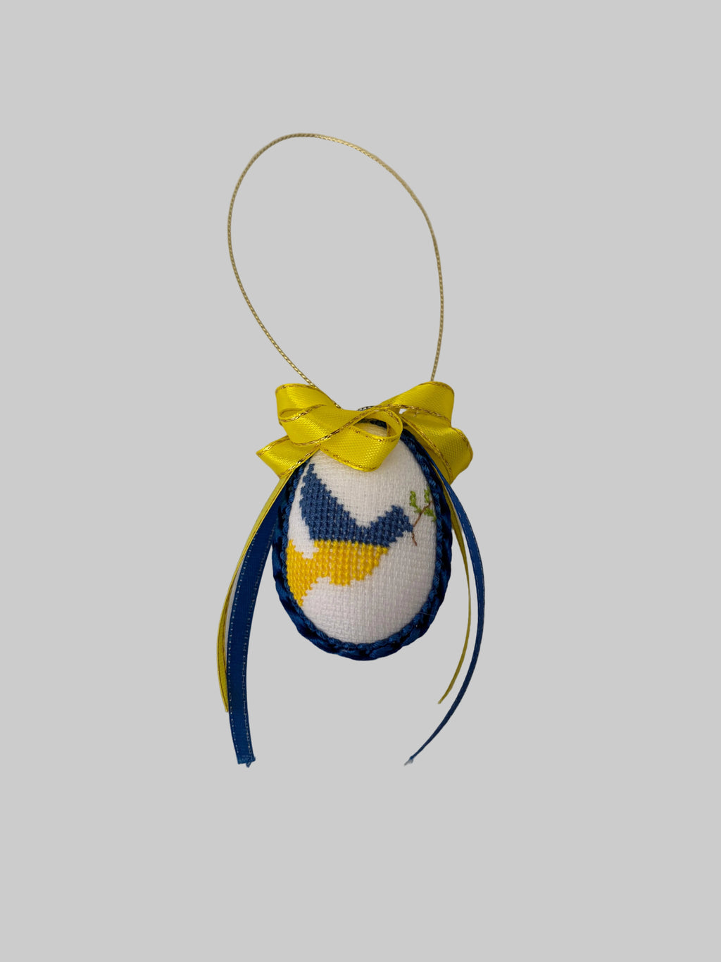 Handmade embroidered Easter egg ornament, Ukrainian cross-stitch Pysanka, Blue & White fabric egg, Traditional Easter decoration, 2.5X1.8 inches