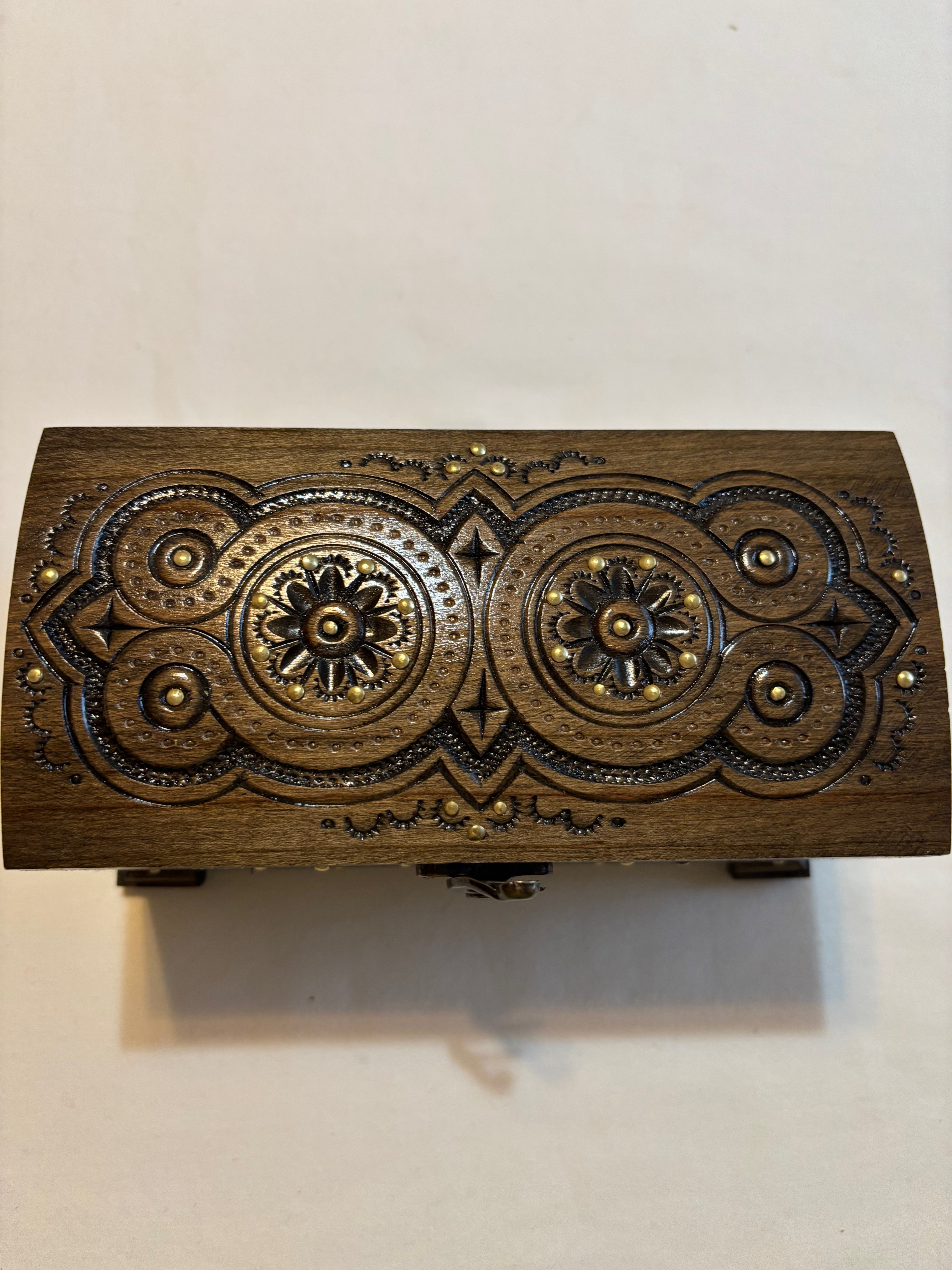 Hutsul-style Ukrainian carved wooden chest 7X3.5X3.5 inches