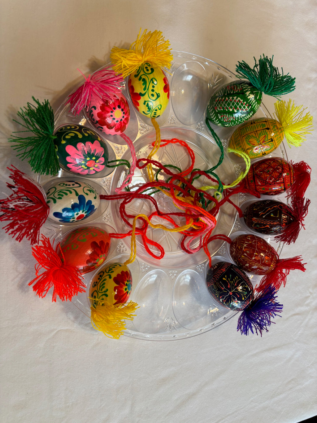 Ukrainian Pysanka Decorative Hand Painted 6 Wooden  Eggs with cords 2.5X2