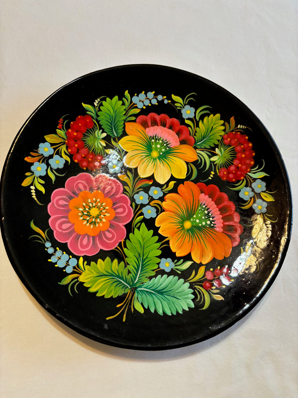 Decorative Hand Painted Wooden Floral Wall Plate Petrykivka Style-9x0.5 inches
