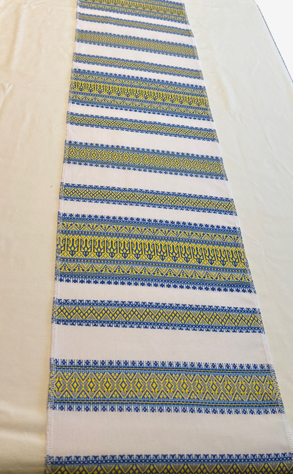 Embroidered rushnyk with Ukrainian Trident  with blue ornament, including Ukrainian Trident-60 x 11 inches