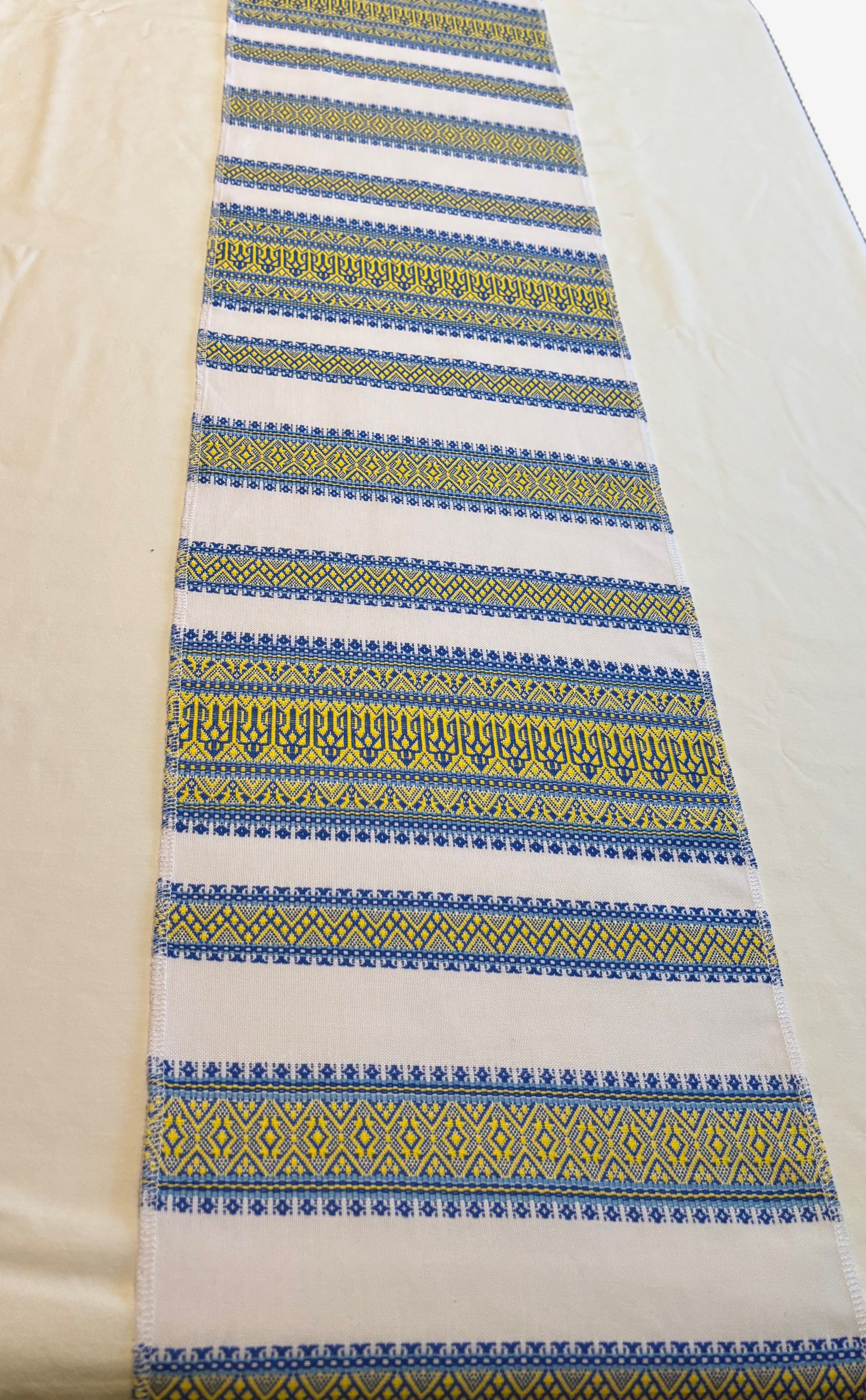 Embroidered rushnyk with Ukrainian Trident  with blue ornament, including Ukrainian Trident-60 x 11 inches