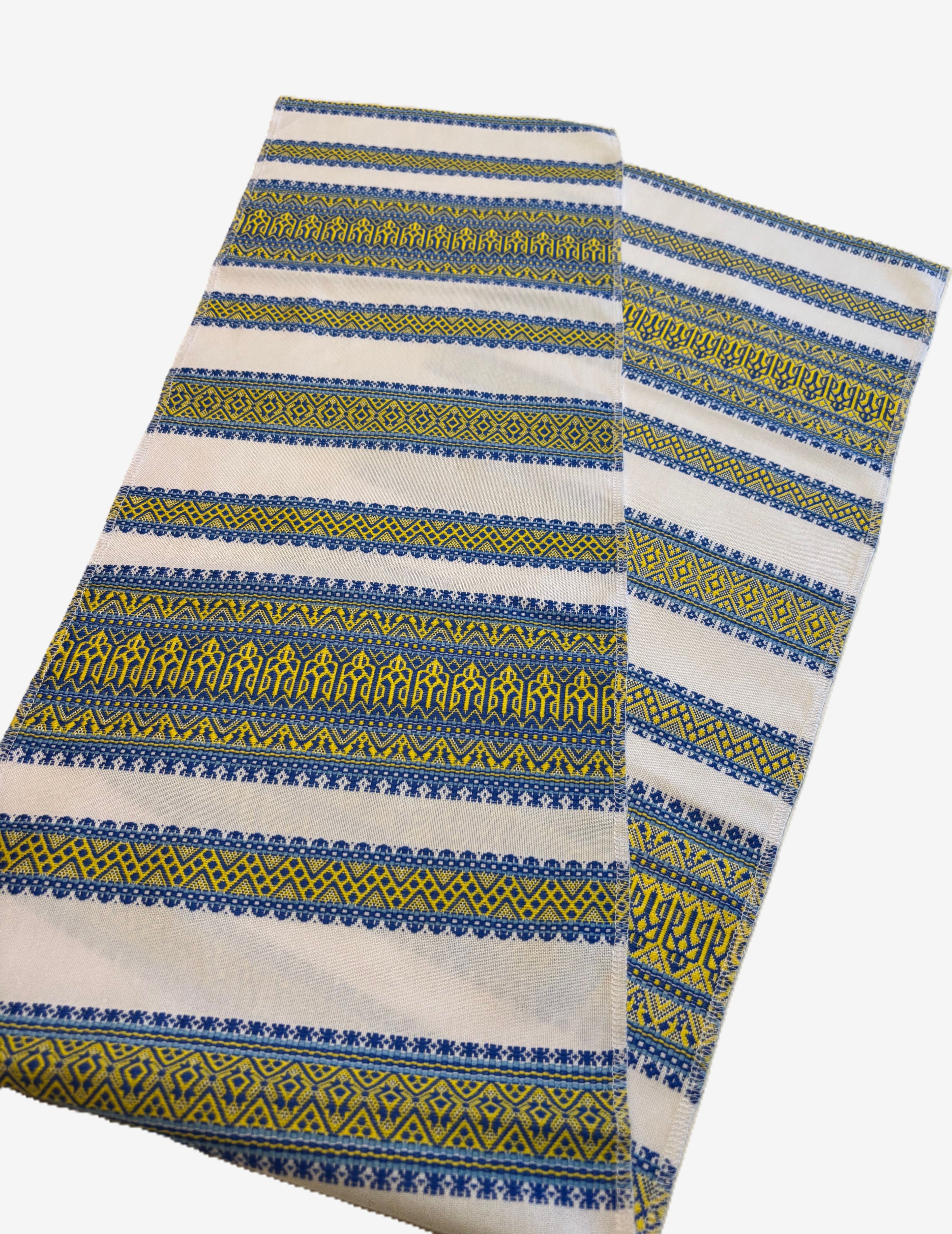 Embroidered rushnyk with Ukrainian Trident  with blue ornament, including Ukrainian Trident-60 x 11 inches